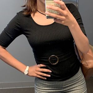 Reserved Black Ribbed Top with Belt on Waist